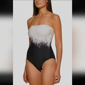 NWT Calvin Klein BLACK SOFT WHITE MULTI Tummy-Control One-Piece Swimsuit, size 8